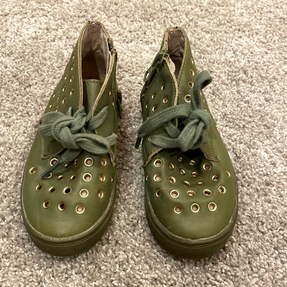 Army green with gold  zip up side high tops little kids size 8 -all leather - Picture 1 of 4